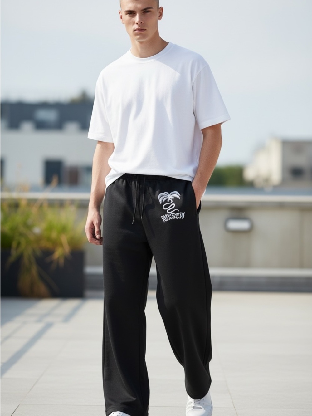 Black Men's Wide-Leg Sweatpants with Palm Logo
